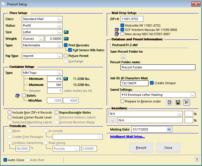 AccuZIP6 Presort Setup window