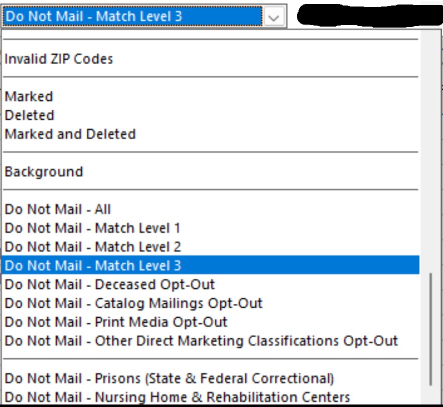 DES Search filter options under the Show pull-down menu
