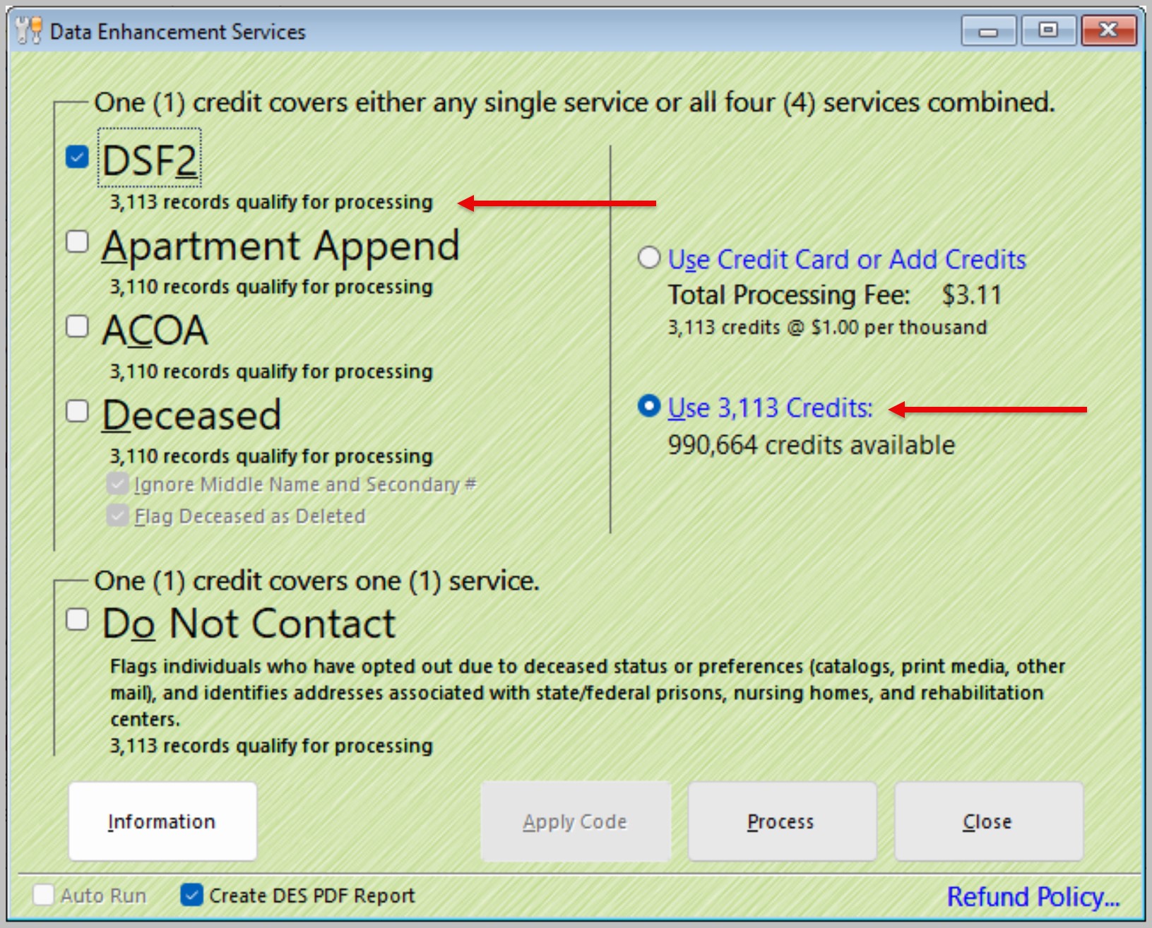 Data Enhancement Services selections