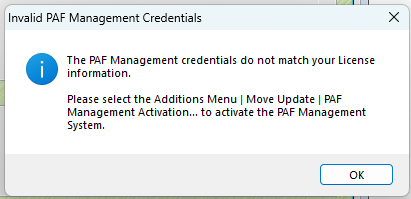 Invalid PAF Management Credentials Error Message