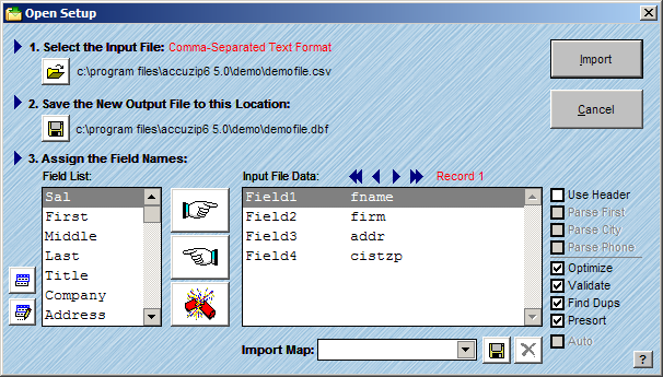 Open Setup screen with the demofile selected, ready for field mapping.