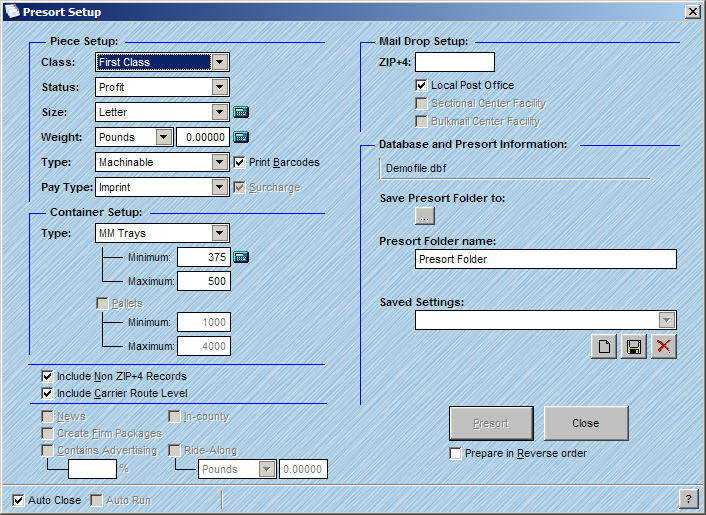 Presort Setup Window