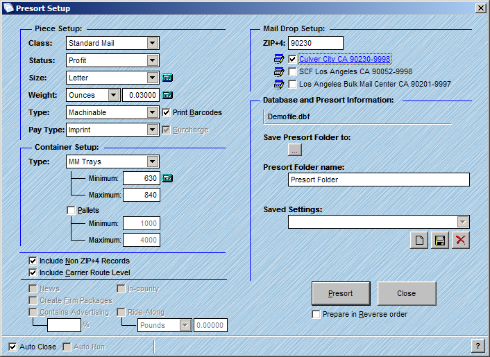 Presort Setup with all mail piece setup and container information, as well as post office location input