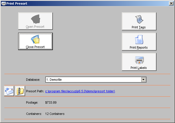 Print Presort Window with an active presort